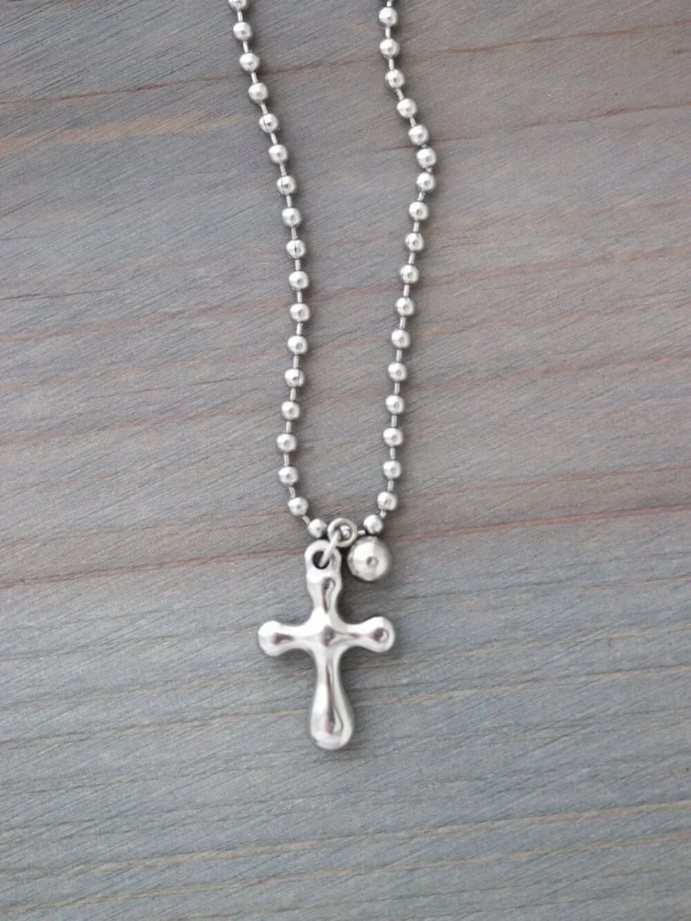 Cross with Bead Charm Pendant Beads Chain Necklace Silver Stainless Steel - Picture 2 of 3
